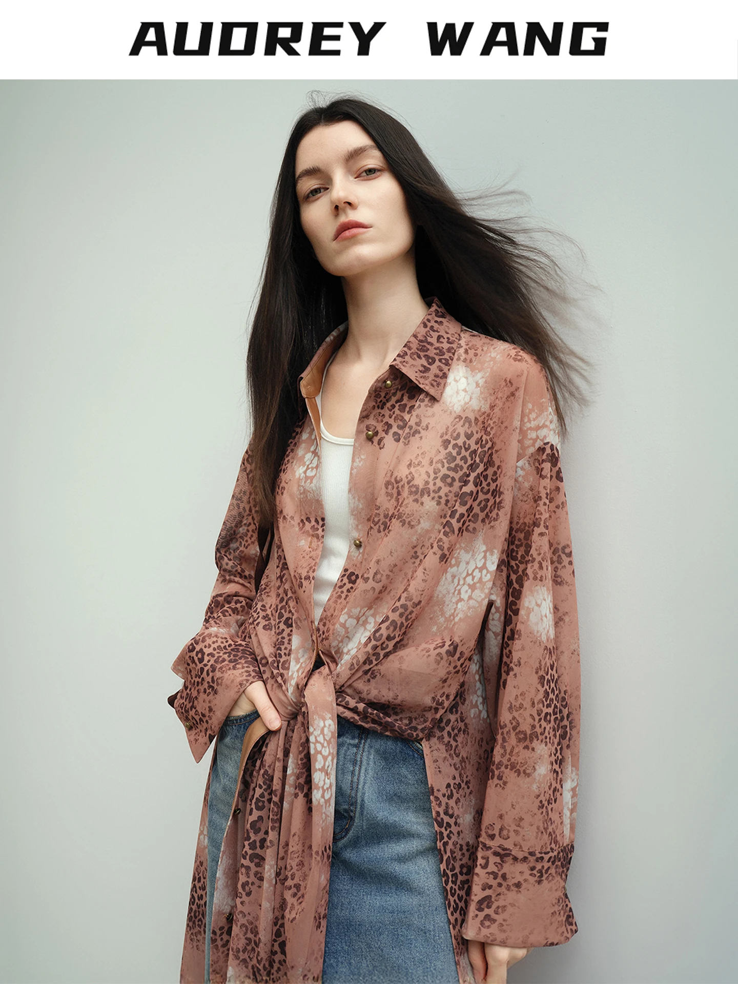 

Audrey Wang Breathable Lightweight irt High Slit Two-Way Wear Summer New Sle Loose Fit Polyester Fiber Long Sve Button...