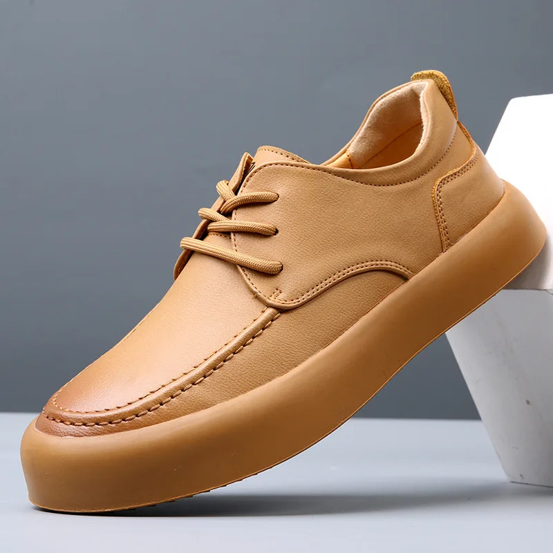 

Spring Leather Breathable Men's Shoes Thick Soled Non Slip Casual Leather Shoes Men's Board Shoes