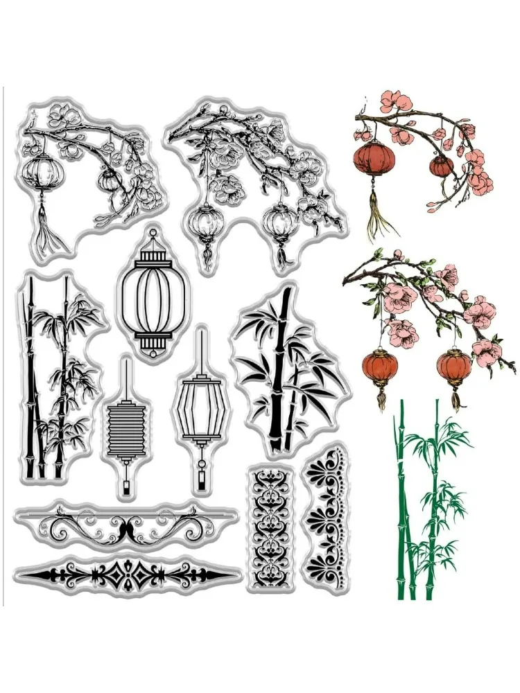 Tampons transparents lanterne en bambou, motifs chinois, cadre de bordure de fleurs, tampons artisanaux en papier en caoutchouc de Silicone réutilisables pour bricolage