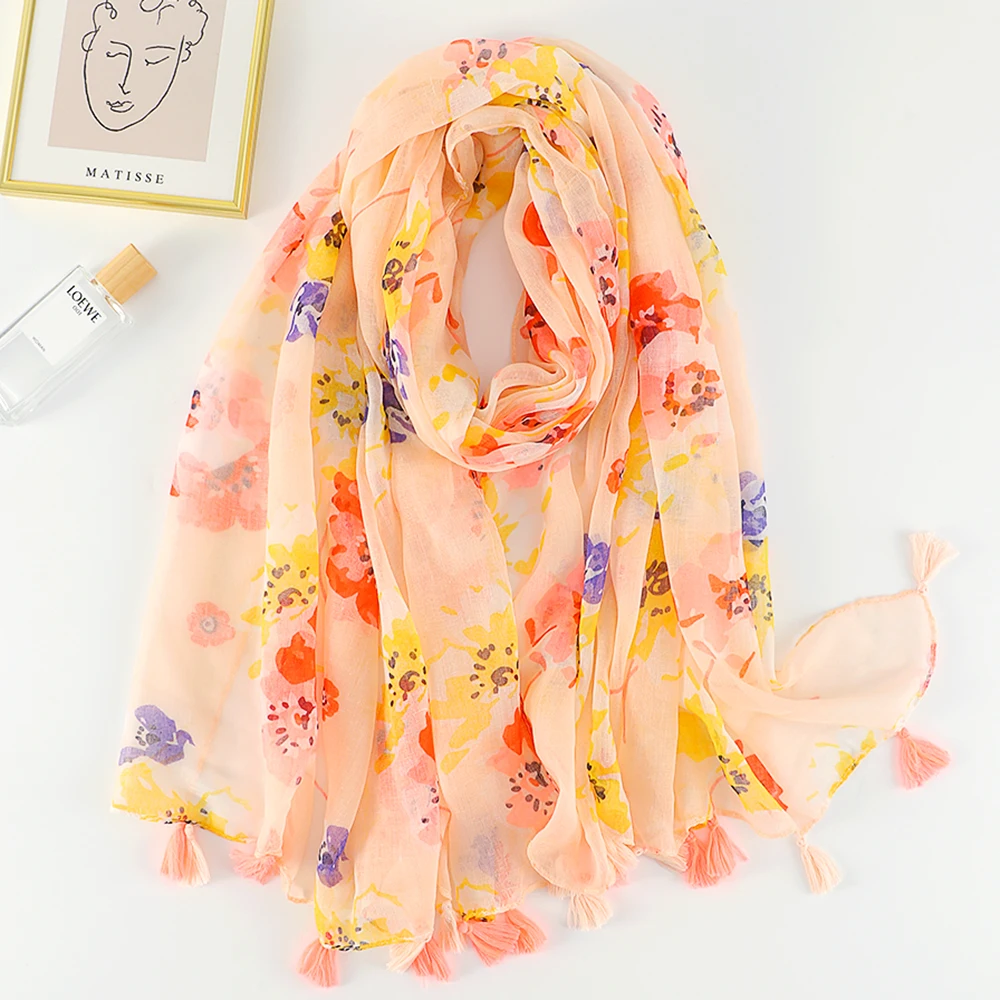 Luxury Brand Cotton Scarf Women Large Shawls Design Hijab Echarpe Print Tassel Scarves Lady Beach Stole Muffler Foulard Pareo