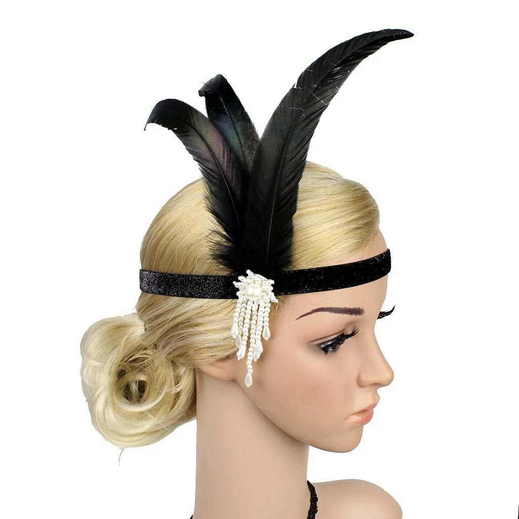 Diadema de plumas estilo Flapper para mujer de los años 20, accesorios para el cabello, accesorios para Cosplay, banda para el cabello con lentejuelas y cuentas de diamantes de imitación, sombrerería de fiesta Vintage Gatsby