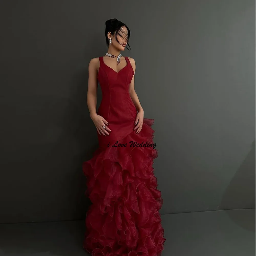 

Spaghetti Straps V-neck Ruffles Tiered Straight Backless Formal Evening Dress Floor Length Party Gown for Women Customized
