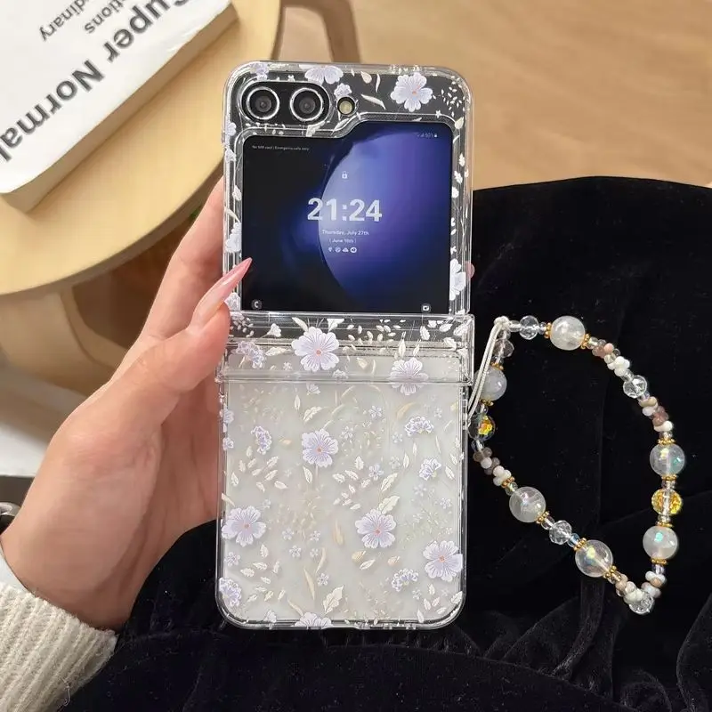 Elegant Cottage Lilac Daisy Printed Clear Phone Case for Samsung Galaxy Z Flip 7-3 Pearl Crystal Bead Strap Protective Cover