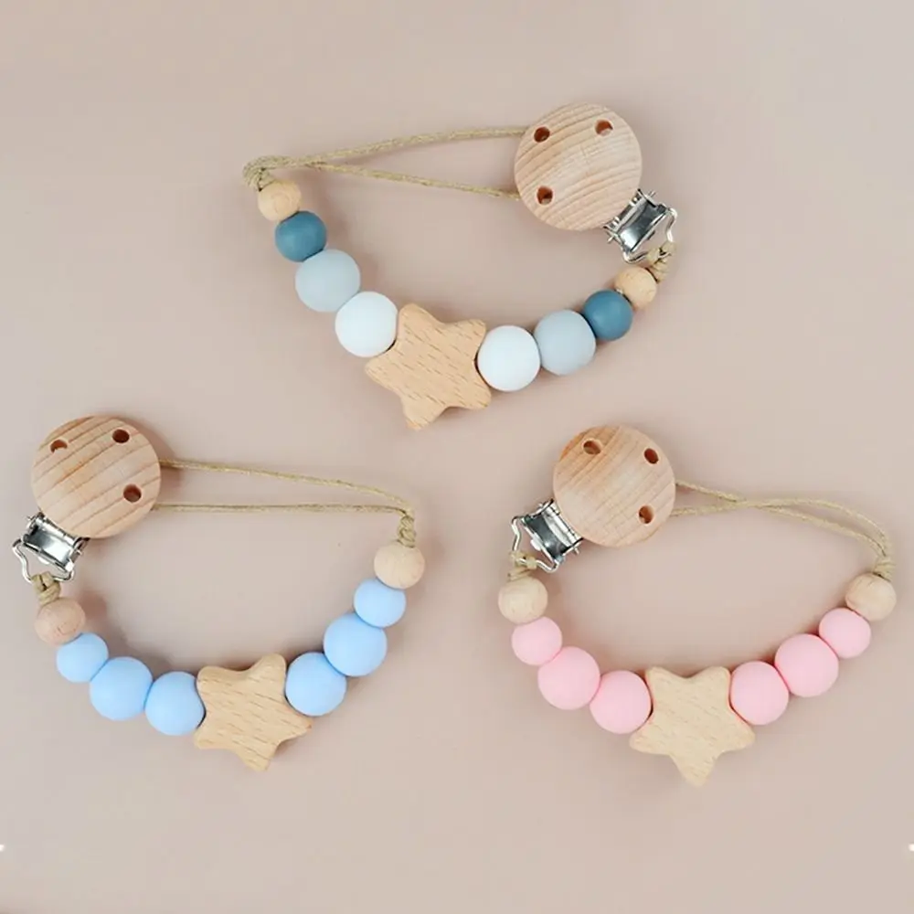 Dummy Clips Pacifier Holder Clips Star Soother Holder Baby Teether Toys Straps Nipple Holder Clips Wood Baby Pacifier Chain