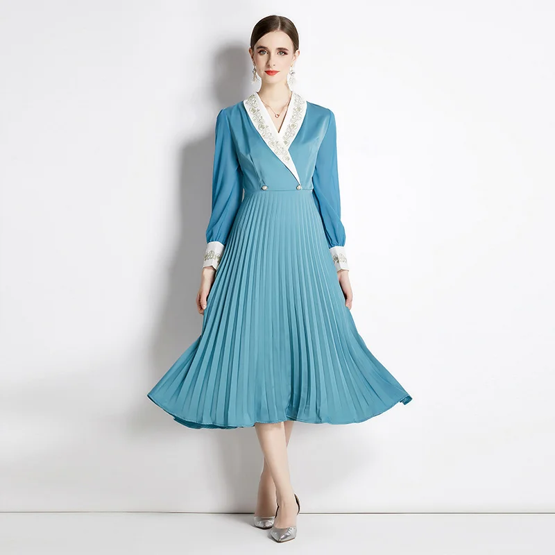 

2024 New Long Sleeve Embroidered Dress for Women Slimming and Slimming V-neck Suit Collar Pleated A-line Socialite Long Dress