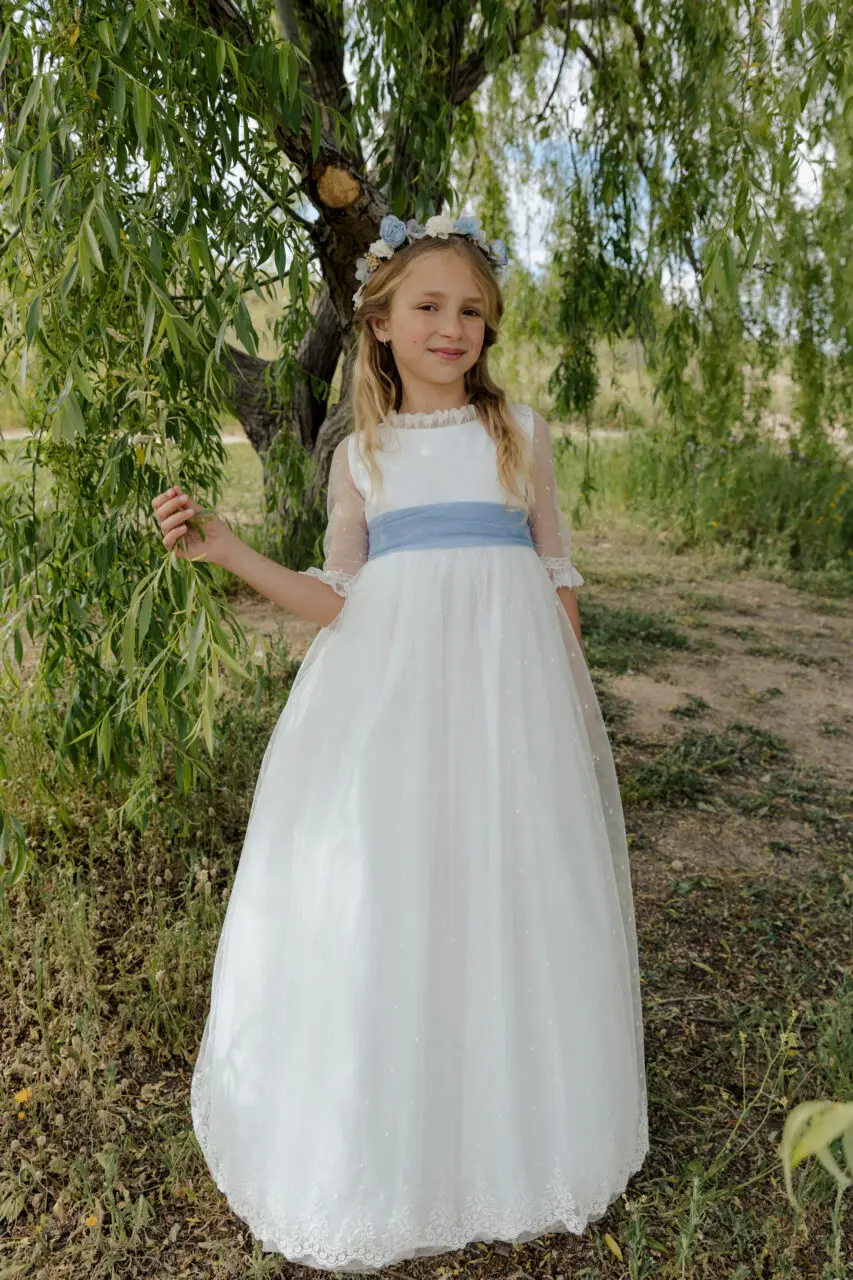 Spanish Half Sleeve Holy First Communion Dress Ivory Lace Flower Girl Dress Tulle Long Child Wedding Birthday Princess Vestidos