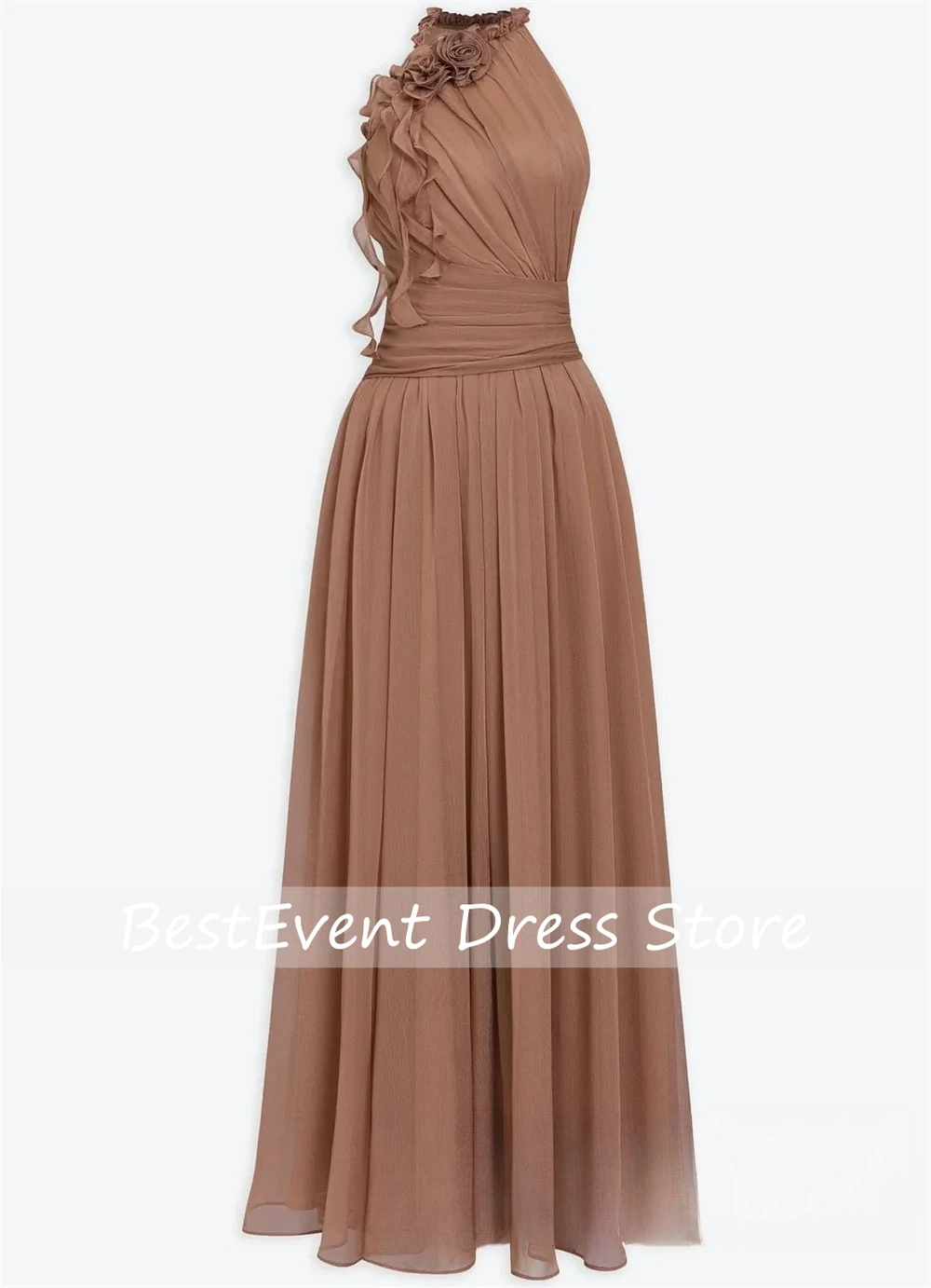 

Customized Made Scoop Neck Chiffon Flower Pleat A-line Bridal Gown Floor Length Draped Evening Party Dresses Bespoke Occasion