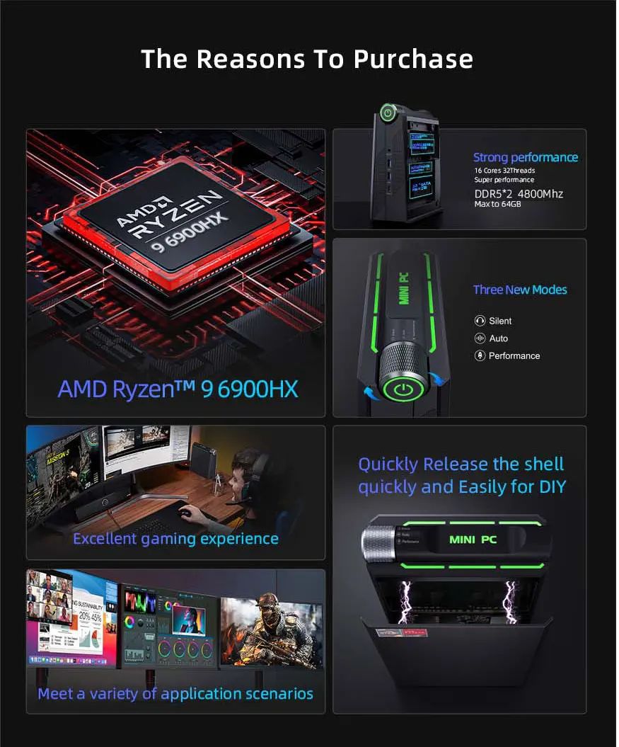 CYX AMD R9 6900HX 8C16T كمبيوتر صغير للألعاب سطح المكتب ثلاثة أوضاع عرض ثلاثي مزدوج DDR5 16GB 32GB SSD 512GB Win11 Ubuntu Mini PC