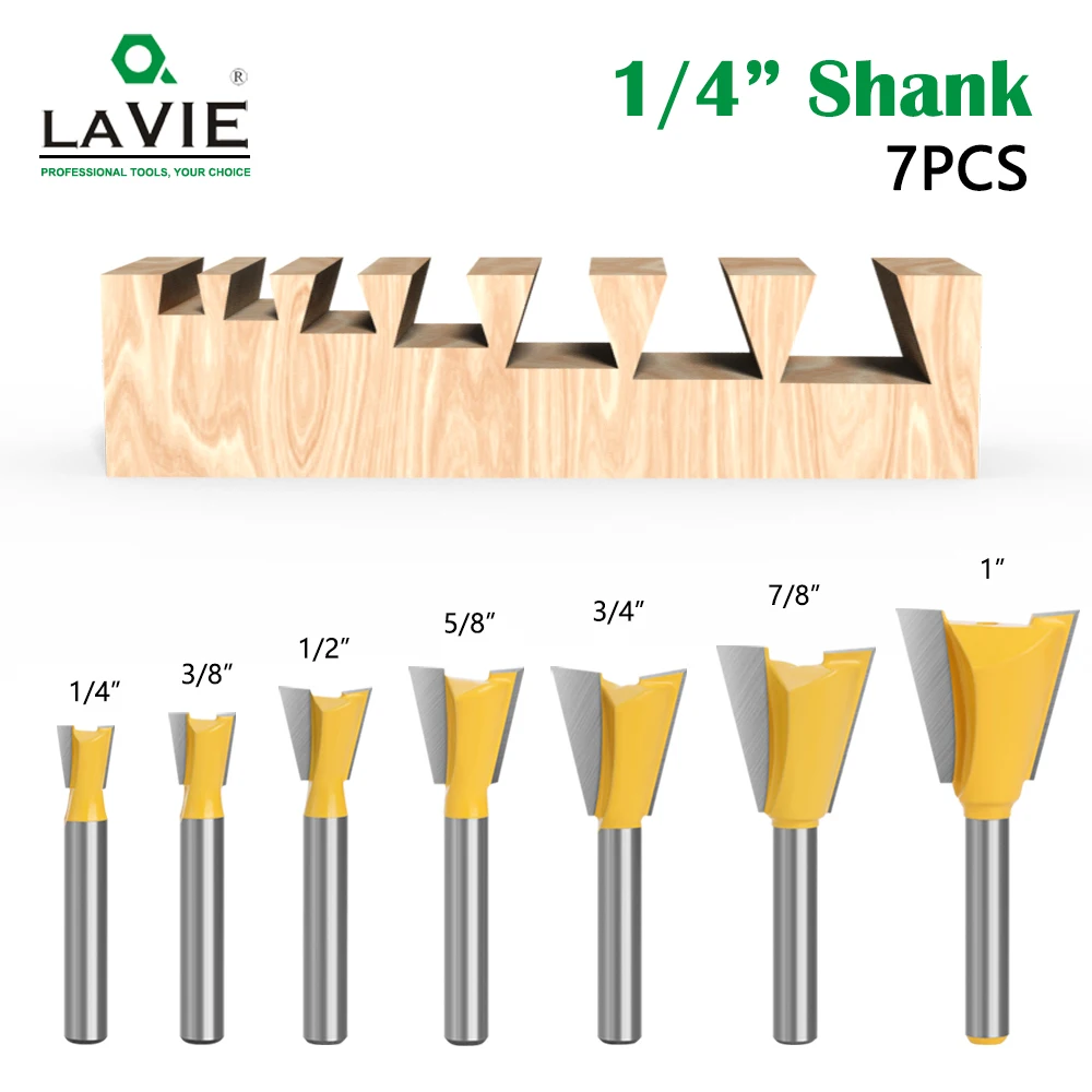 

LAVIE 7pcs 6.35mm Shank Dovetail Joint Router Bit Set 14 Degree Woodworking Engraving Bit Milling Cutter for Wood