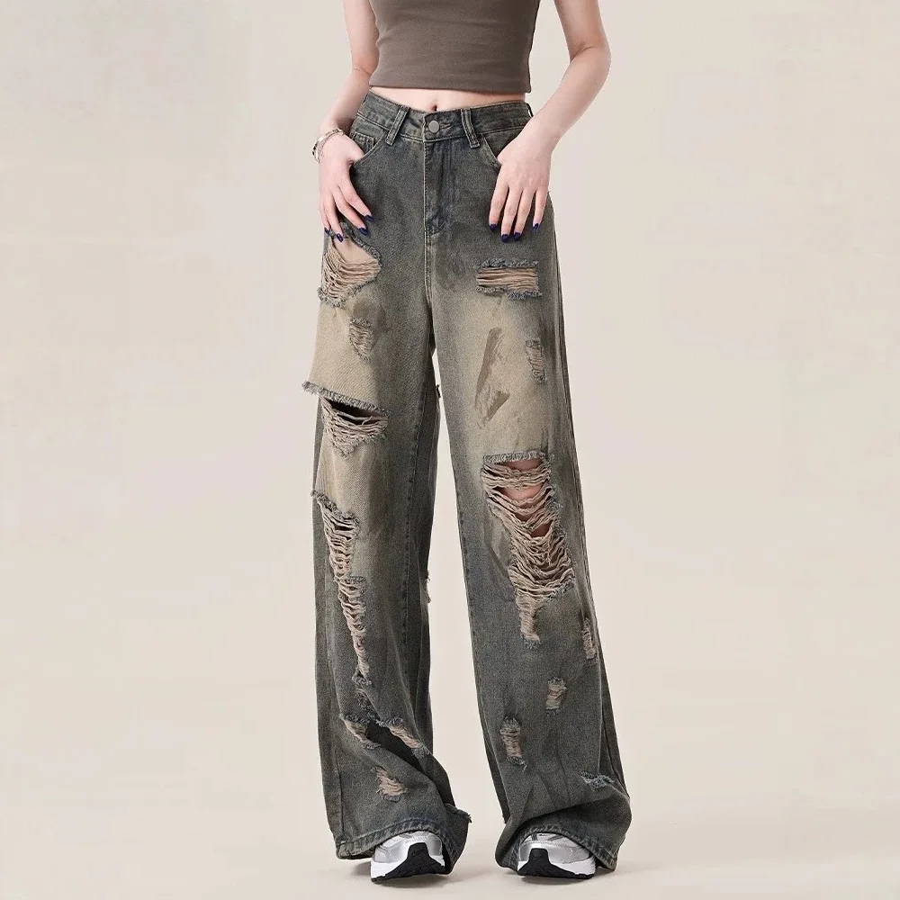 Womens Ripped Wide Leg Jeans Vintage Washed Non Stretch Loose Straight Denim Pants Floor Length Casual Streetwear Trousers
