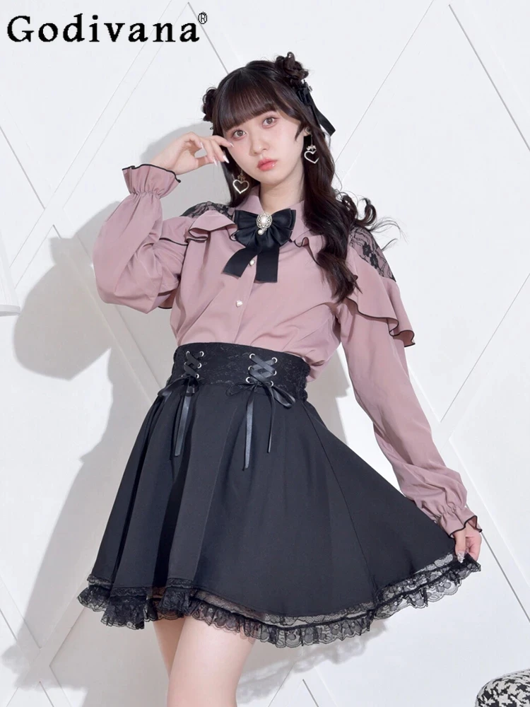 

Mine Japanese Bow Lace Pink Long Sleeve Lolita Shirt Autumn Fashion Girly Sweet Cute Slim-Fit Elegant Plaid Blouses Women Top