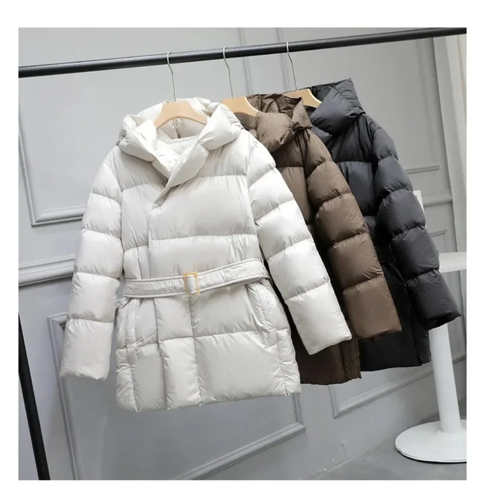 2024 Winter Women\'s Down Jackets Ultra Light Warm Casual Coat Female Puffer Jacket With a Belt Plus Size Hooded Parka Overcoat