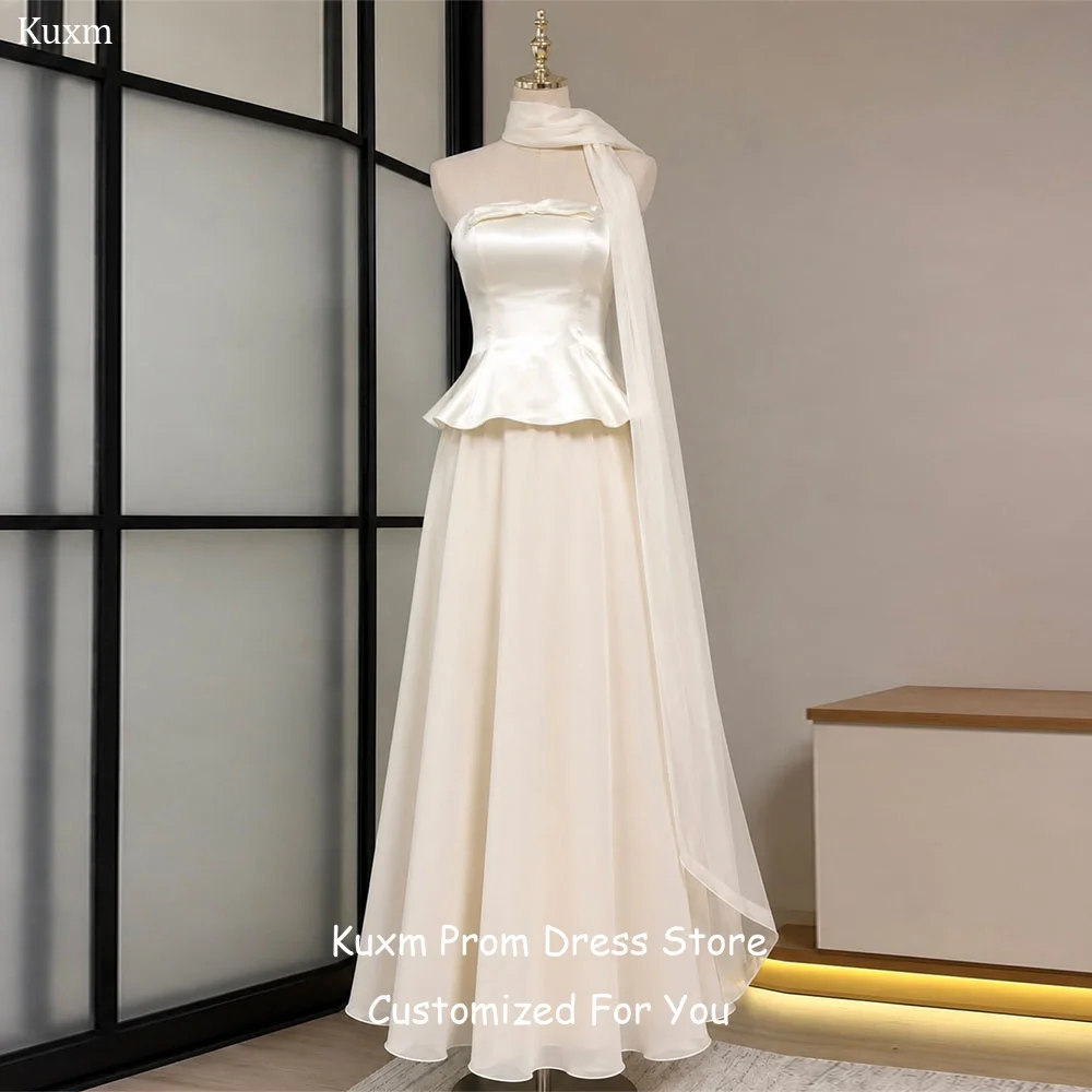 

Kuxm Organza A Line Evening Dresses Ribbons Strapless Elegant Prom Gowns Sleeveless Floor Length Vintage Party Attire Customized