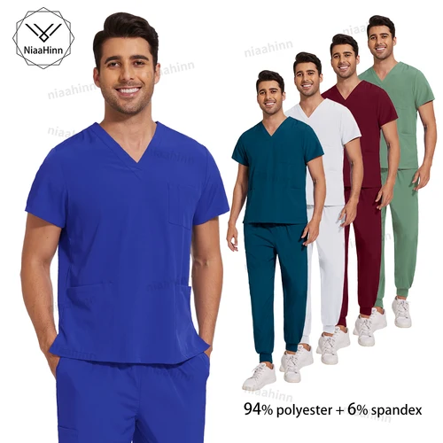 Niaahinn-uniforme médico para mujer, artículos de enfermería, uniformes quirúrgicos, Tops de manga corta con cuello en V, pantalones para correr, conjuntos de exfoliante para hombre