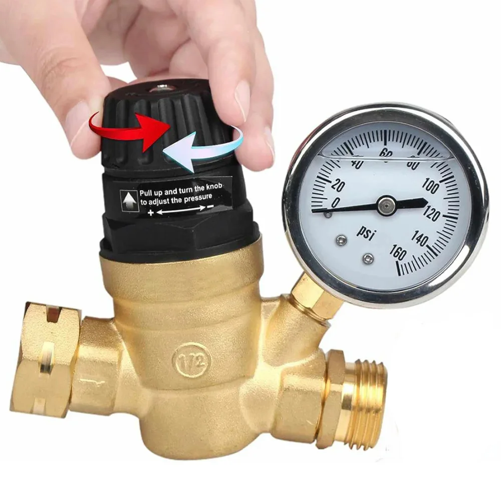 Water Pressure Regulator for RV Camper Brass Lead-Free Adjustable RV Water Pressure Regulator with 0-160 PSI Gauge Reducer Valve