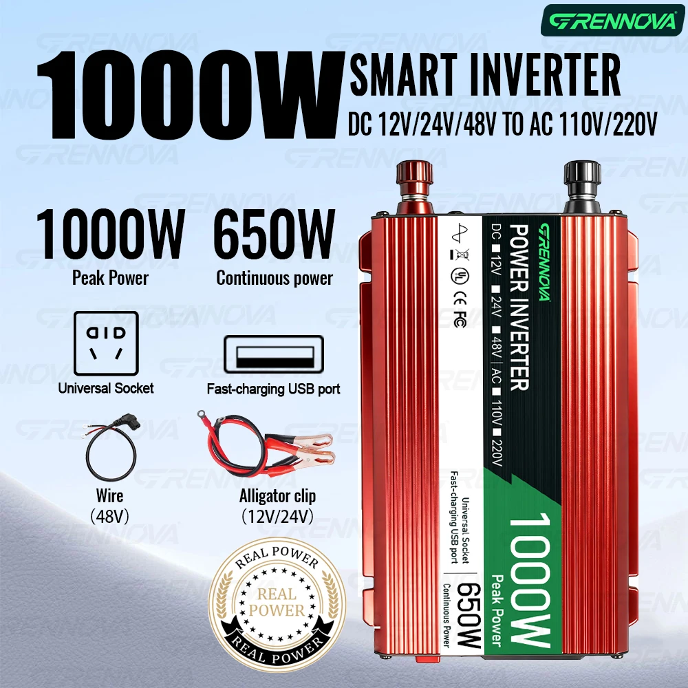 1000W Peak (650W Continuous) Smart Inverter DC 12V/24V/48V To AC 110V 60Hz 220V 50Hz Universal Socket Car & RV Small Appliances