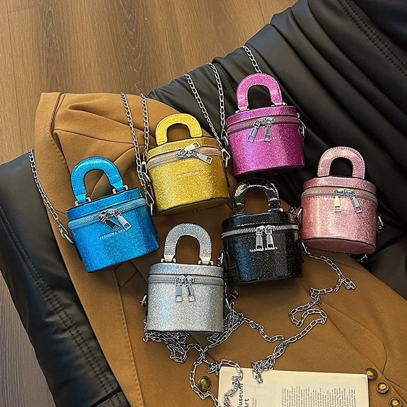 Nuova Mini borsa a secchiello in PU luminoso borsa a tracolla a catena per ragazza alla moda piccola borsa a portafoglio Zero per bambini