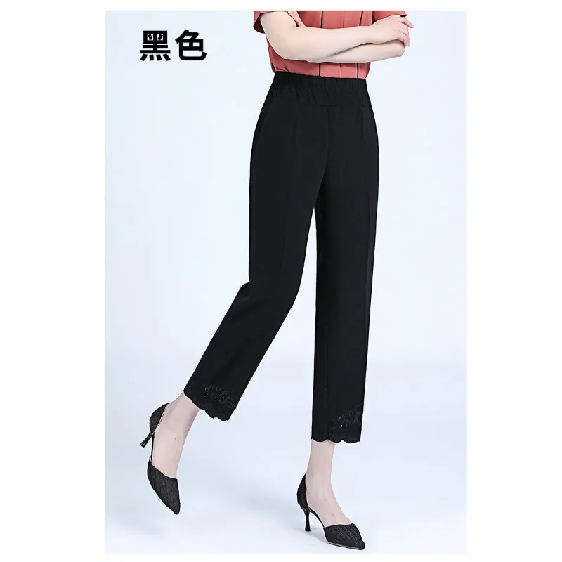 Women's New Style Spliced   elastic High Waist Pocket Fashionable Solid Color Loose Versatile Casual Trousers