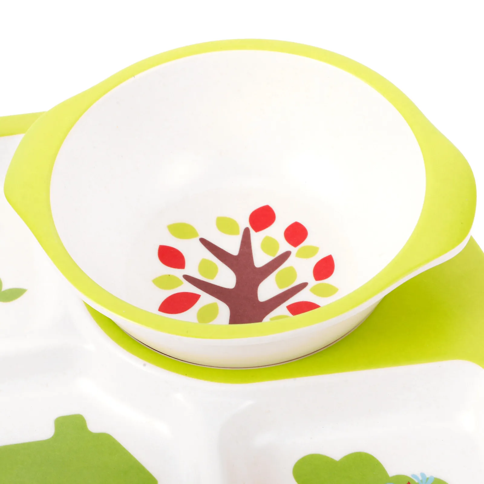 1Set Bamboo Fiber Bowl Dinner Tray Set Creative Drop-Proof Baby Separate Plates Cutlery for Toddlers Green Bamboo Fiber Bowl