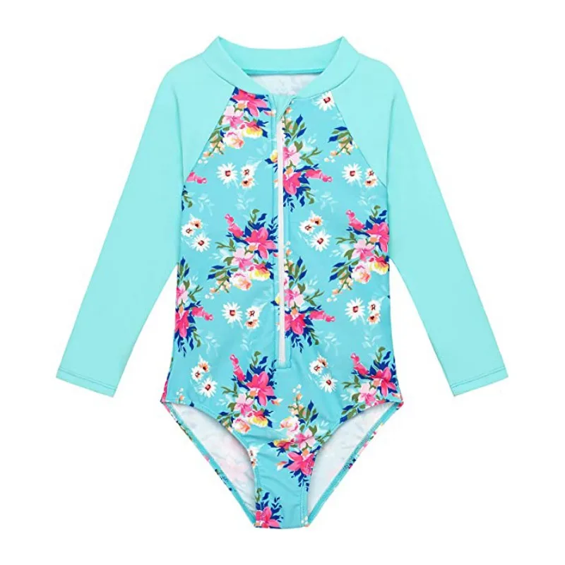 Kids Baby Girl Swimsuits Summer Floral Long Sleeve Zipper Jumpsuit Swimwear Beachwear Bathing Suits 2-7 Years old