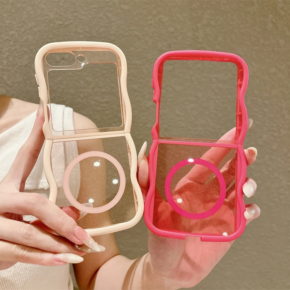 Transparent Acrylic Magnetic For Magsafe Case For Samsung Galaxy Z Flip 8 7 6 5 4 3 Wave Edge Glitter Bling Shockproof PC Cover