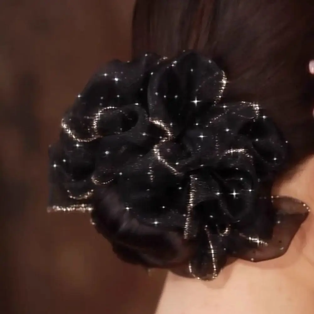 

Fashion High Elastic Large Hair Band Black Elegant Flower Bud Headdress Starry Sky Bubble Hair Rope For Women Girls