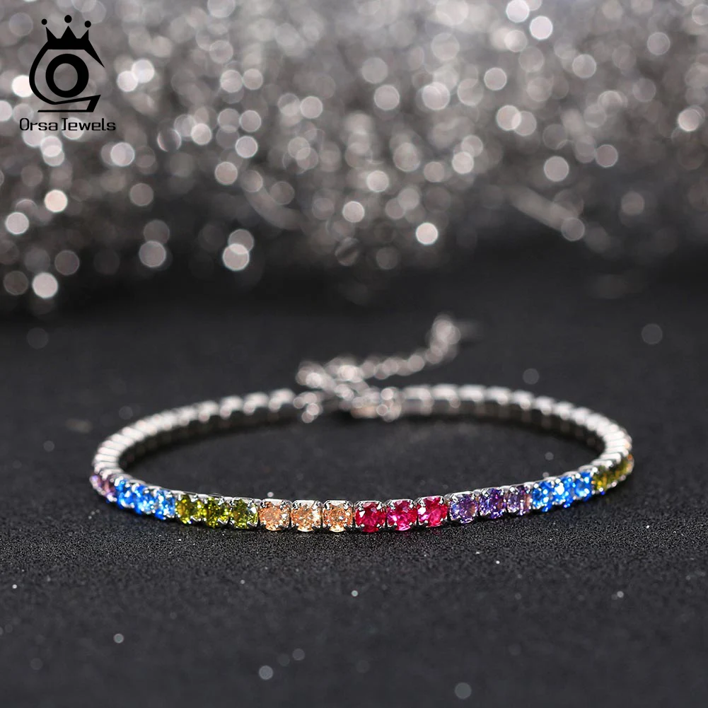 ORSA JEWELS Fashion 3mm Bezel Setting Colorful 4A Cubic Zirconia Tennis 925 Sterling Silver Adjustable Bracelet for Women SB192