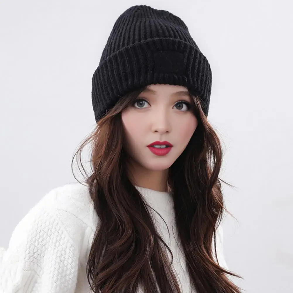 Lady Winter Beanie Knitted Thick Folded Brim Solid Color Stretchy Ear Protection Piled Hat Windproof Cold Weather Warm Headgear