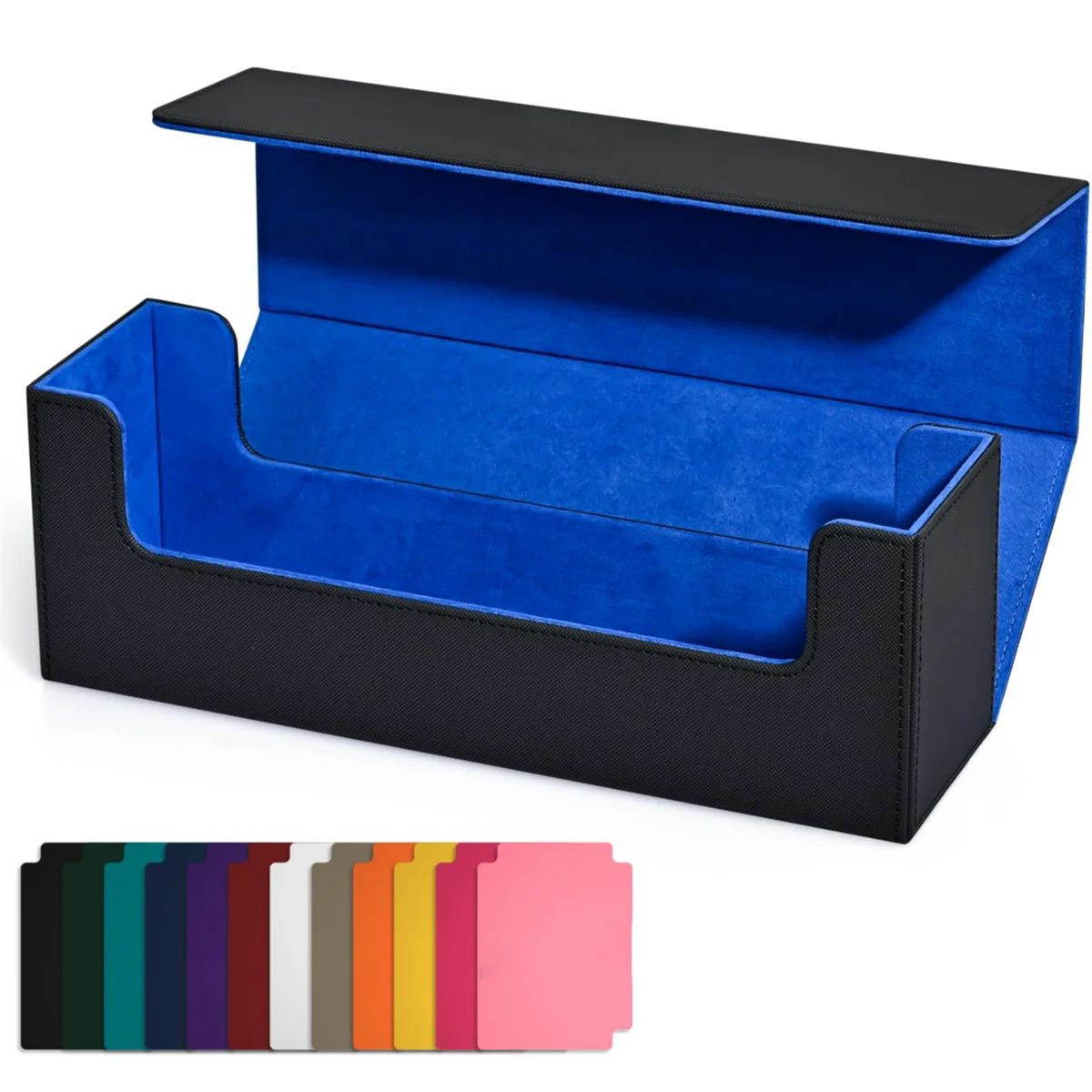 B74A Card Storage Box for Trading Cards,PU Card Deck Case, Magnetic Closure Card Holder for Magnetic Game Cards Blue+Black