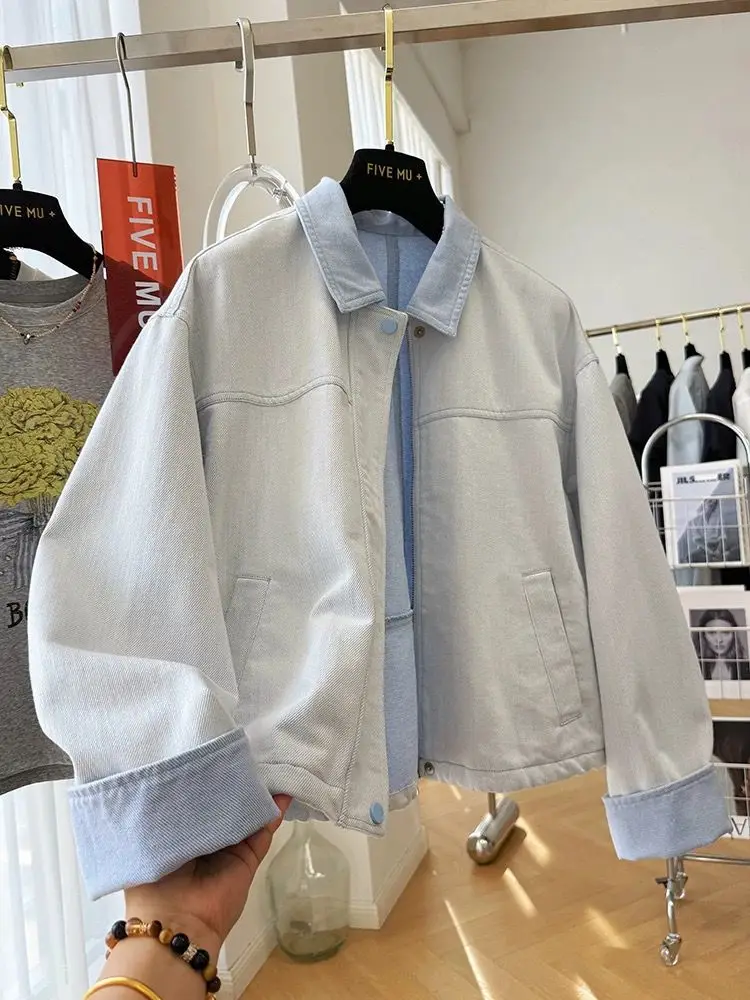 Advanced sense super good-looking Korean casual denim jacket women's spring travel unique beautiful lapel jacket top