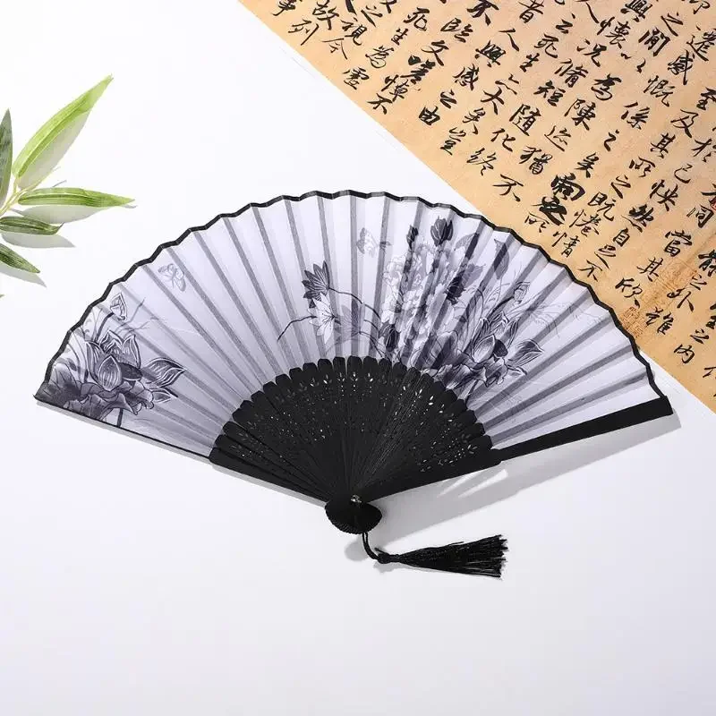 المحمولة اليد أضعاف مروحة جديدة النمط الصيني الرقص الدعائم الرجعية شل مروحة امرأة الرجال الخيزران الخشب زهرة الحرير مروحة قابلة للطي #2