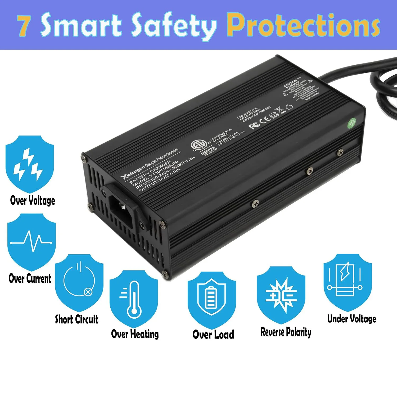 14.6V 10A LiFePO4 Battery Charger, 12V 4-String Lithium Smart Charger with Anti-Spark & Active PFC, Wide 90-264V AC for RV/Deep Cycle, Anderson to Alligator Clips