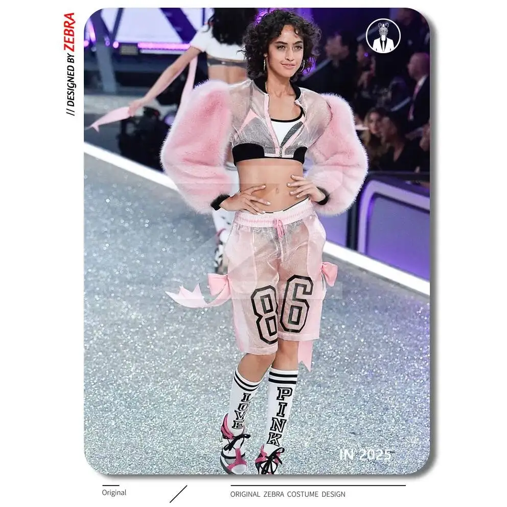 Conjunto deportivo de chaqueta rosa de felpa con mangas abullonadas y malla transparente, estilo dulce y fresco, para espectáculo de baile Bar Ds Leading