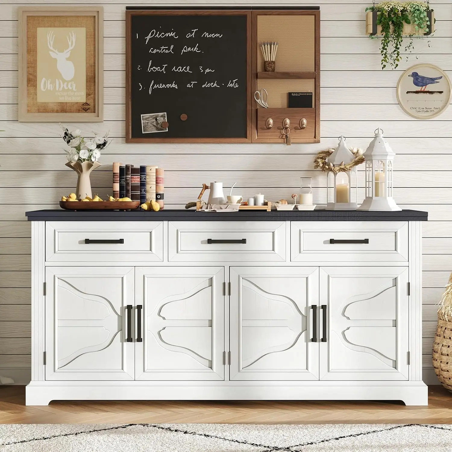 Accent Cabinet with 4 Doors & Adjustable Shelves, Coffee Bar Wine Storage Table for Dining Room, Living Room, Black+White