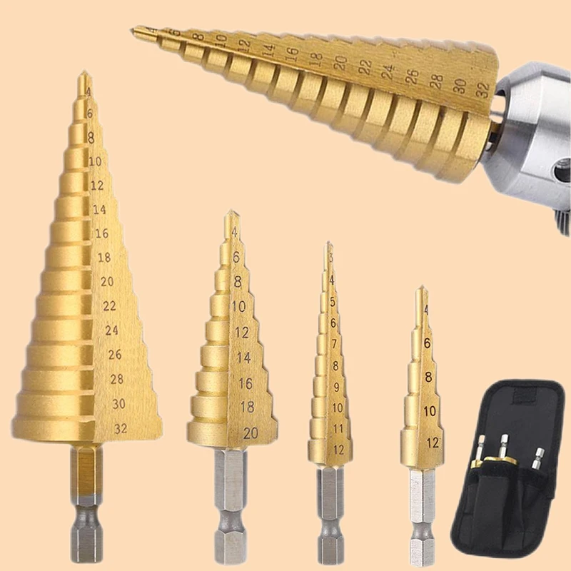 ストレート溝ステップドリルビットセット、チタンコーティング、木材、金属穴カッター、ssコア、スプーン、4-12mm、4-20mm、4-32mm