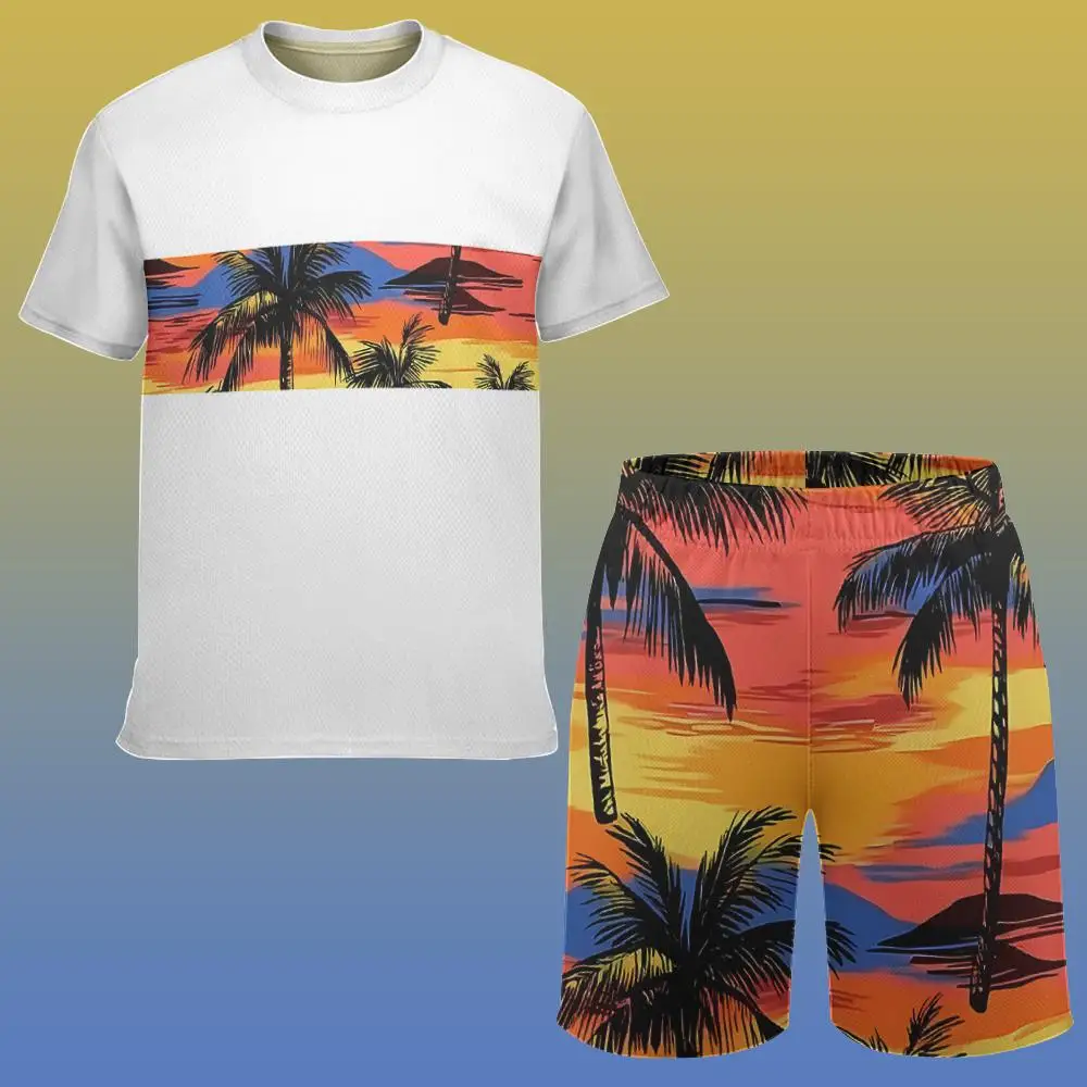 Palm Tree Print Men's Short-Sleeved Shorts Set Miami Vacation Style T-Shirt Shorts Seaside Surfing Sports Beach Two-Piece Suit