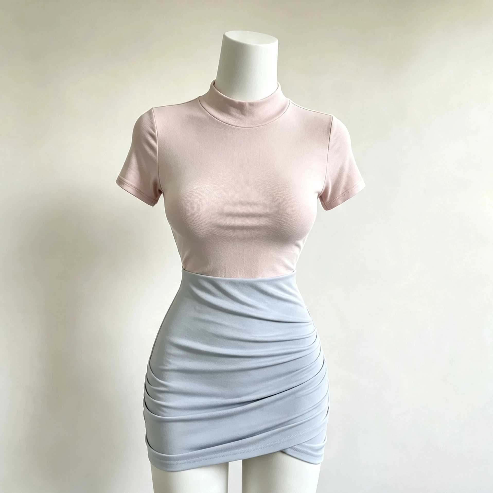Pure Desire Sexy High Waist Pink Half High Collar Arc Short Sleeve Base Shirt with Pleated  Skirt Set Youthful Look