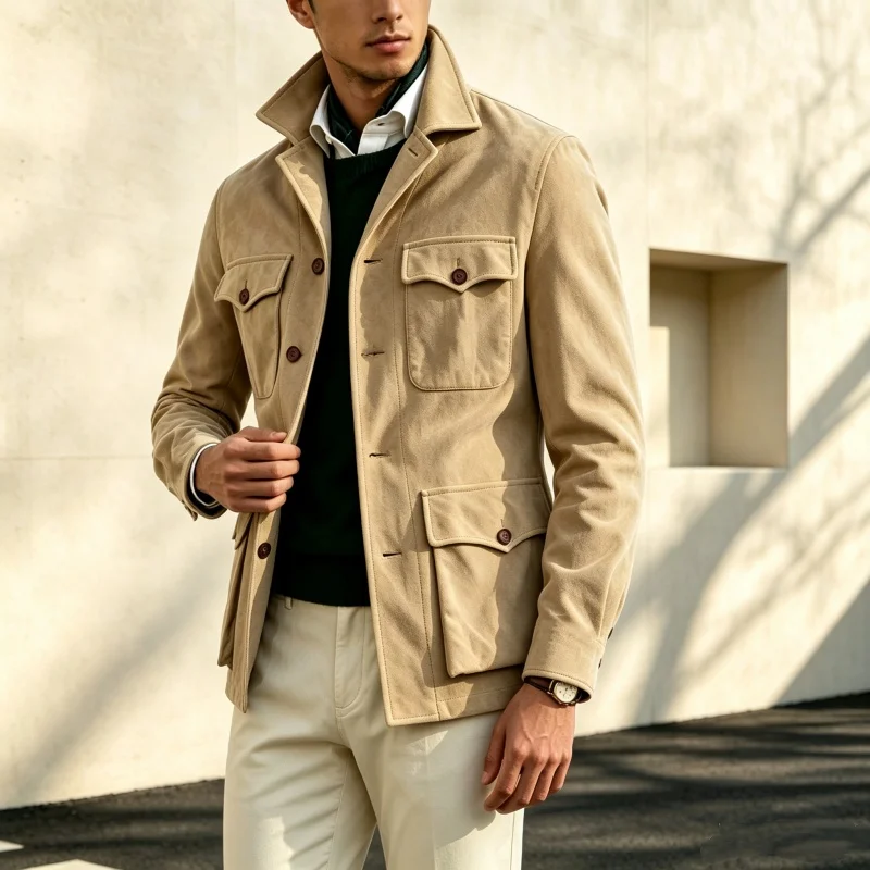 Men's Suede Blazer Vintage Multi Pocket Double Breasted Suit Jacket High Quality Casual Sport Coat Wedding Party Daily Wear