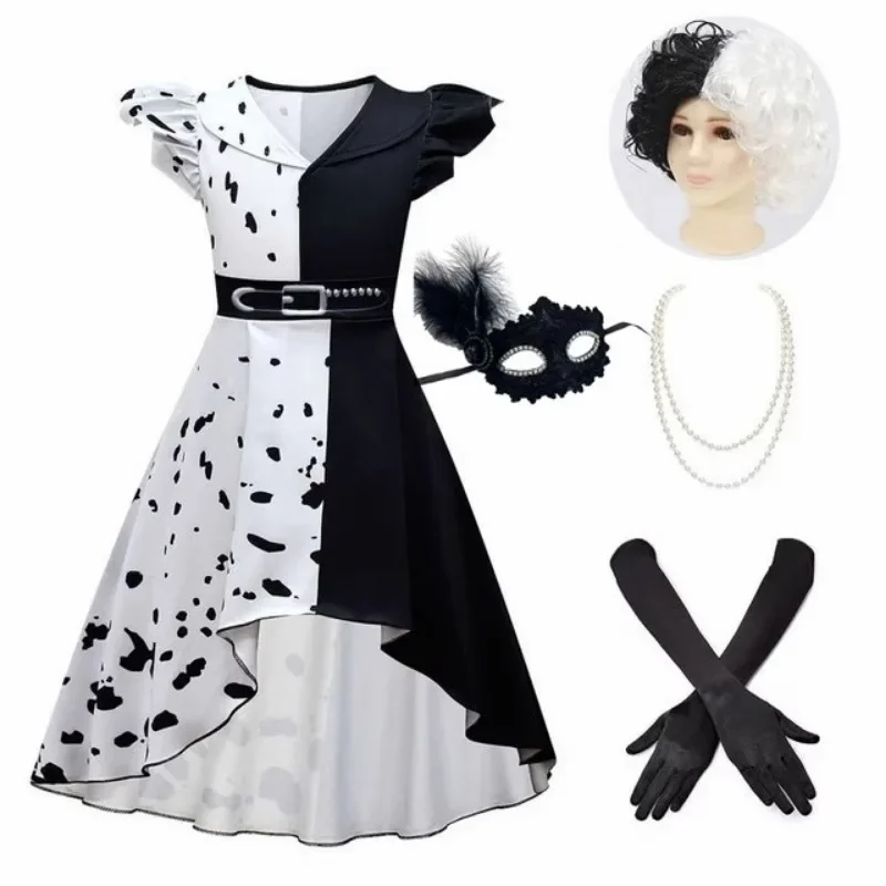 Halloween C-Cruella de telescopic cosplay costume girls Carnival party suits gown black white maid dress kids Cruella wig dress