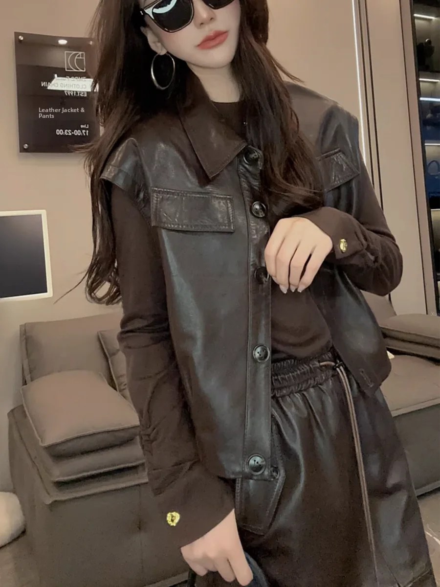 

Trendy Real Leather Single-Button eepskin Vest Women's Svel Jaet Versatile Outerwear Simple Design Commute Sle