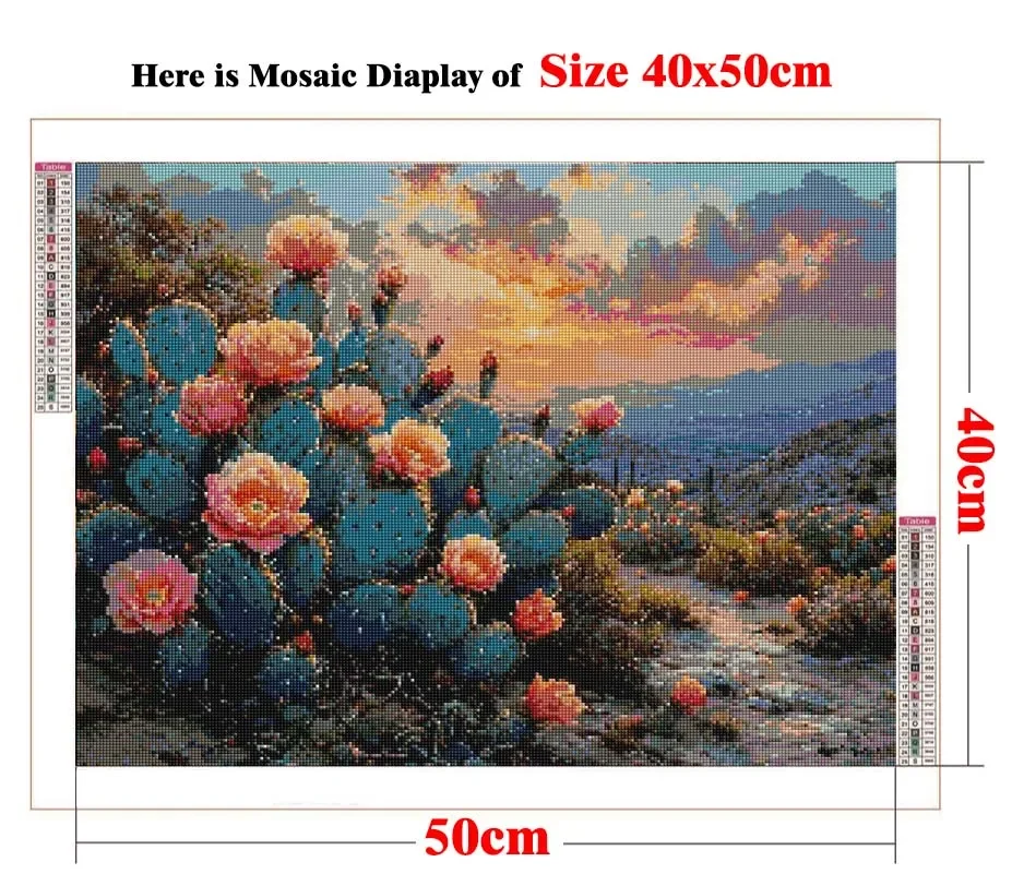 DIY AB Drill Diamond Painting Colorful Desert Scene with Cactus Plants and Mountains Art,Full Gems Dots Art Embroidery Gifts