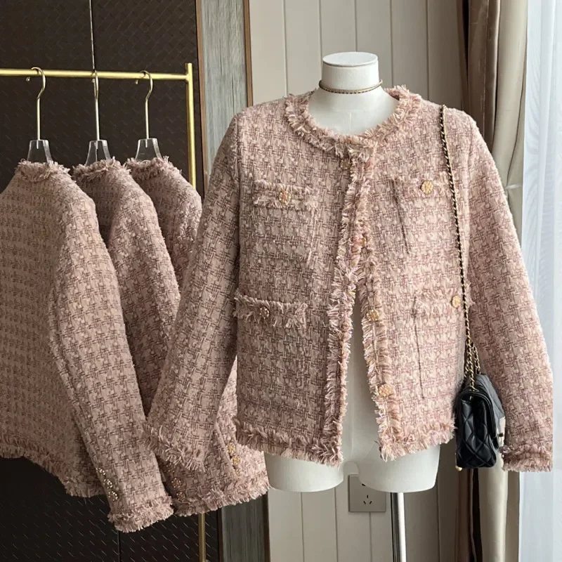 Chaqueta de Tweed con fragancia pequeña de alta gama para mujer, abrigos de lana de manga larga con borla francesa Vintage, prendas de vestir de marca de moda, Otoño e Invierno