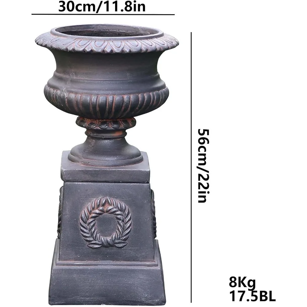 قاعدة زراعة جرة الحديقة الكلاسيكية، ألياف أسمنتية عتيقة سوداء، نمط أوراق الشجر المزخرفة، 22 بوصة