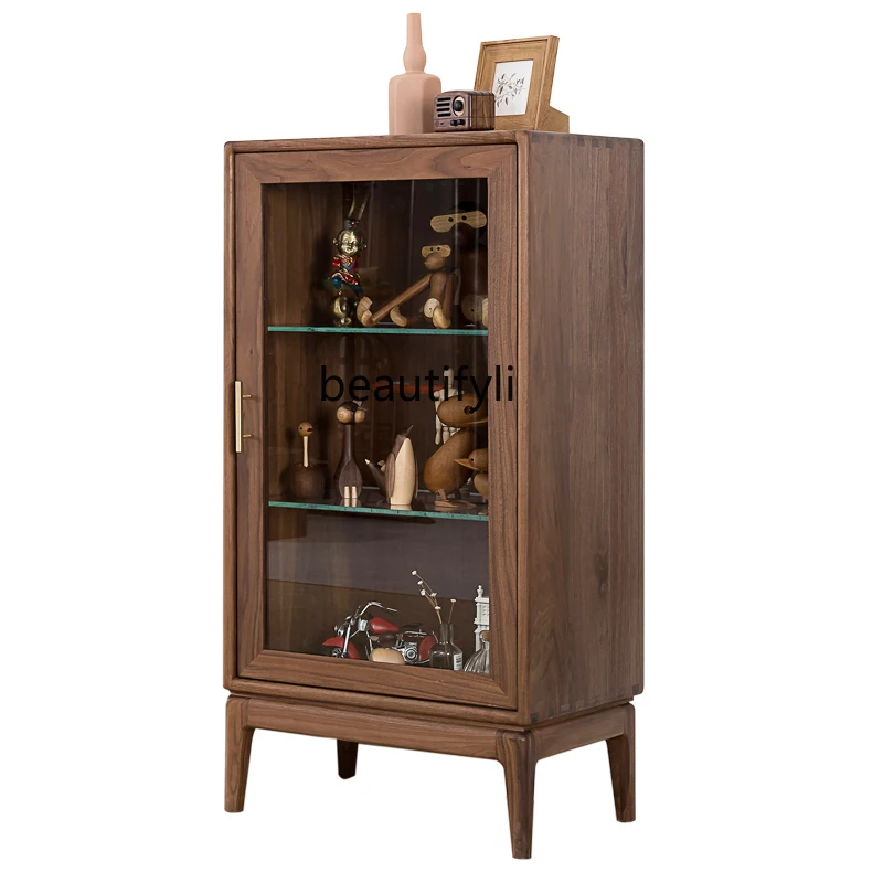 Walnut Side Cabinet with Light Display Cabinet Made of Glass Black Walnut Walnut Wooden Side Cabinet Living Room  Wood Wax Oil