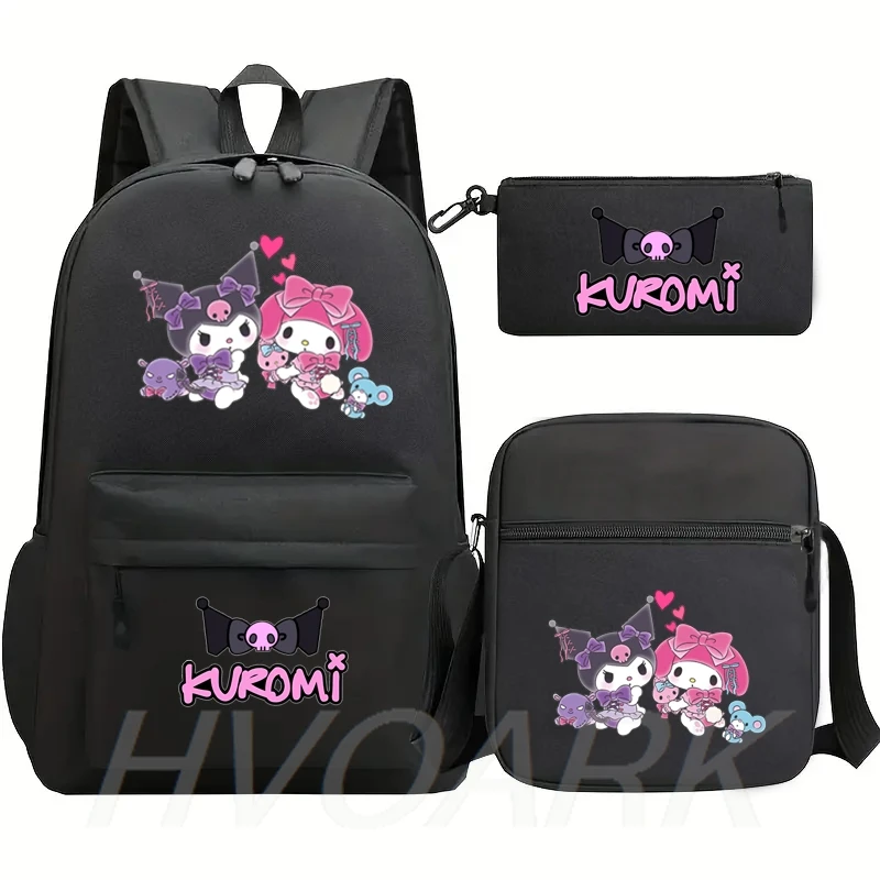 Kuromi-mochila de dibujos animados para adolescentes, morral escolar ligero de 3 piezas, capacidad sencilla, con Shoudler, para viaje al aire libre