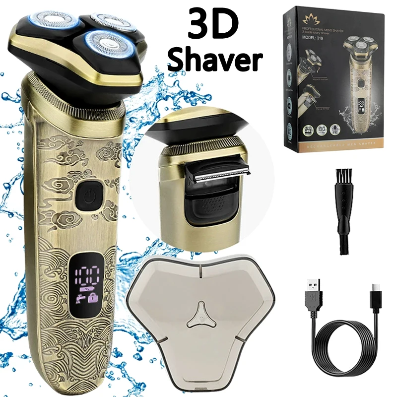 New 3D Electric Shaver Fully Waterproof Three Blade Rotating Shaver Men's Beard Shaving Tool LCD Digital Display USB Charging