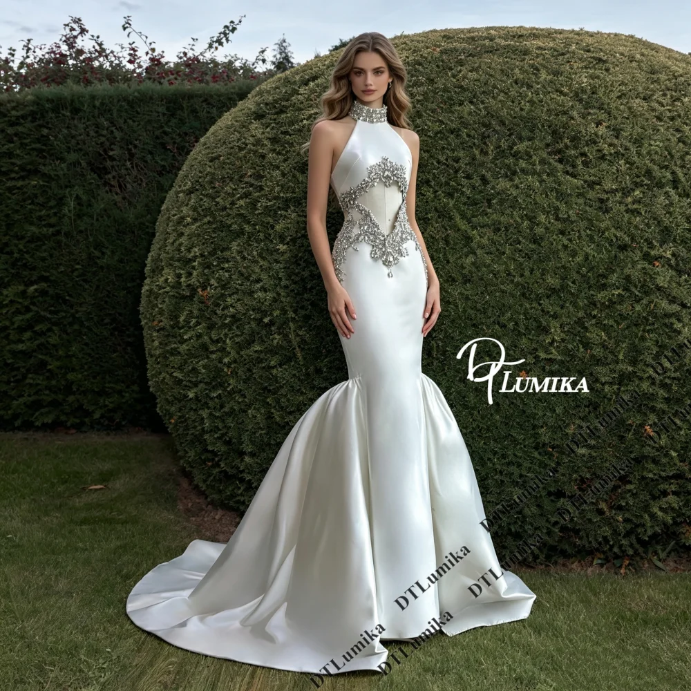 Halter Neck Mermaid Wedding Dress Bride 2026 Luxury Beaded Crystal Satin Bridal Gown with Train Sleeveless Trumpet Wedding Gowns