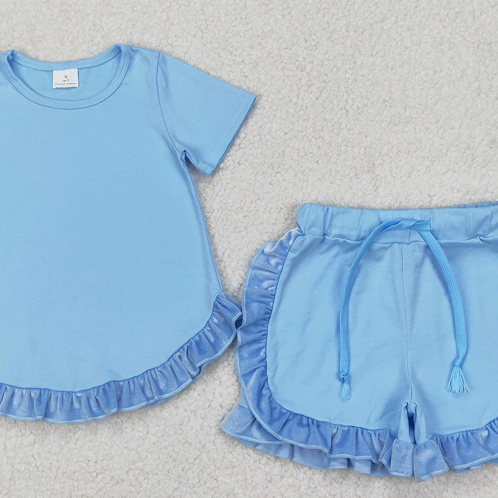 GSSO2183 Baby Girls Blue Cotton Top Ruffle Shorts Clothes Sets