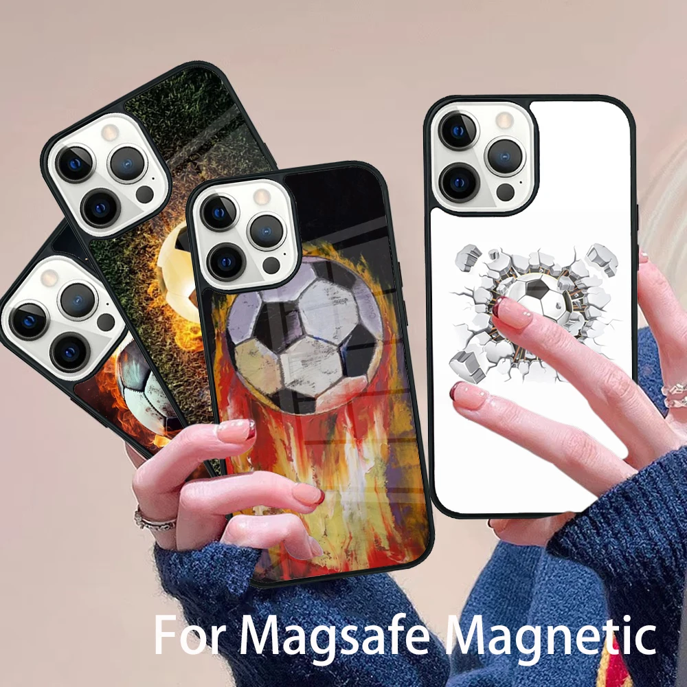 

Fire Football Soccer Ball Phone Case Magesafe Magnetic Wireless Charge Cover For IPhone 16 11 12 13 14 15 Pro Max Plus Mini