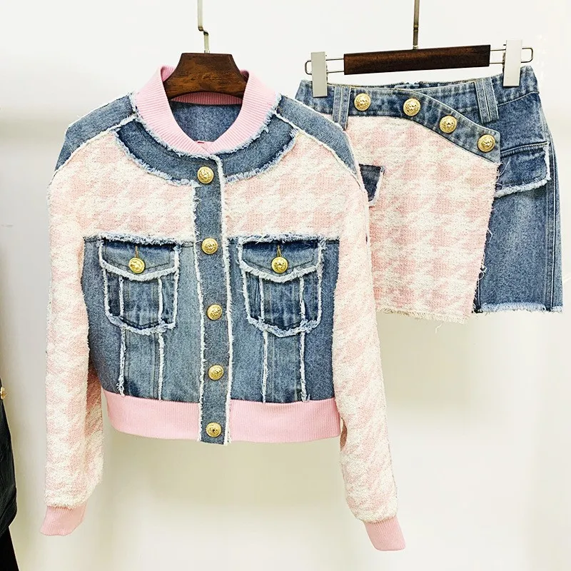 

Women Fashion Skirt Suit Lion Buttons Houndstooth Denim Patchwork Tassel Ladies Jacket Mini Skirt Female Chic Casual 2 Piece Set